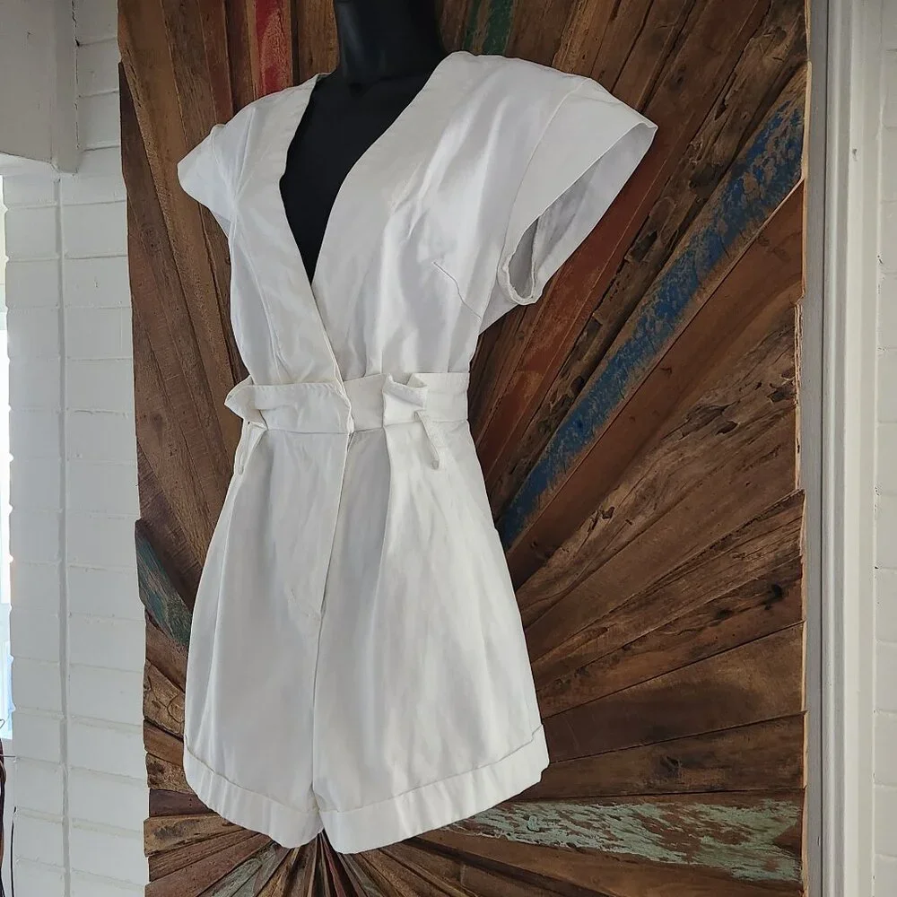 Marissa Webb Dixon paper bag cotton Romper white Dress Sz 4 pockets